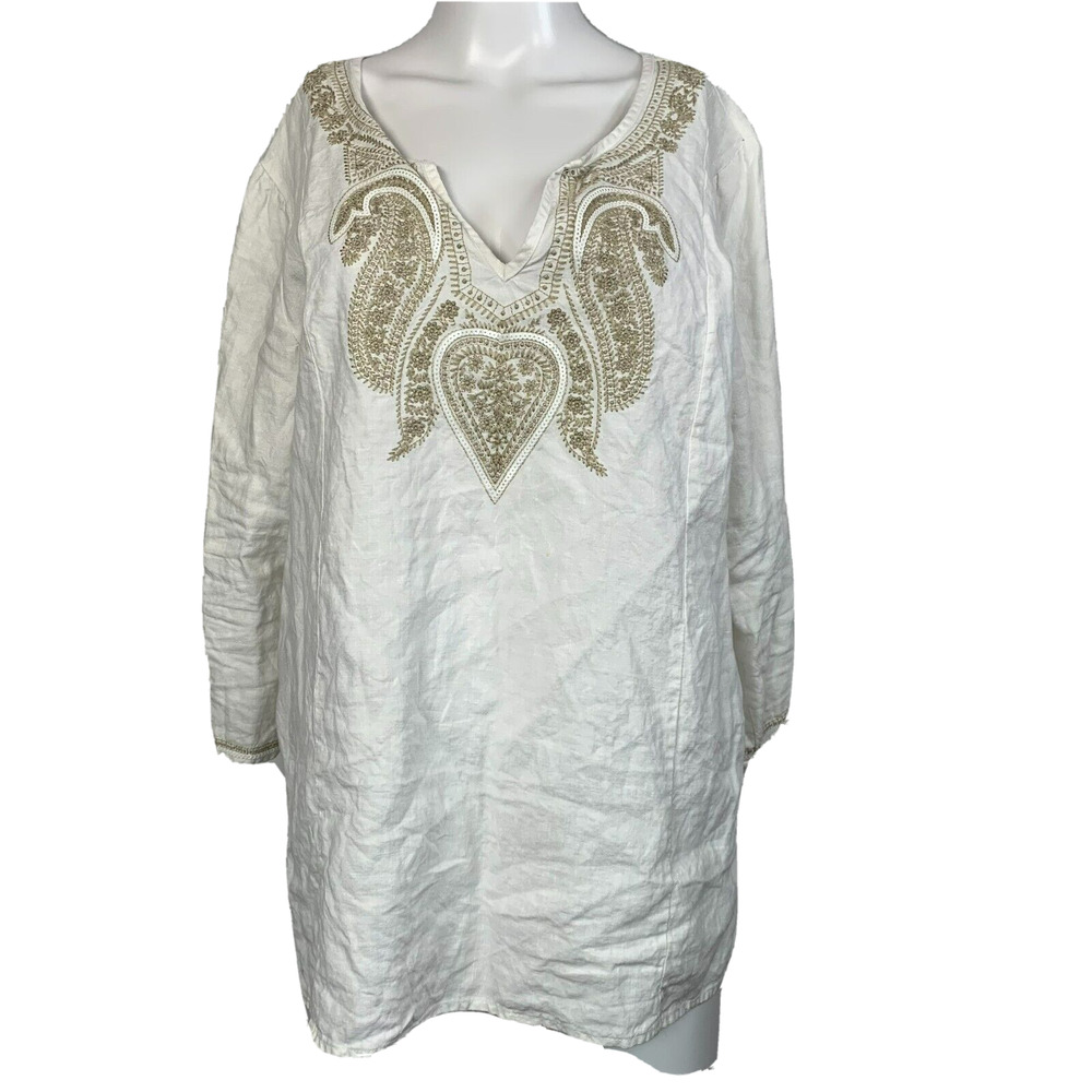 Symple NYC Shirt Womens Sz L Linen Tunic Top Gold Embroidered Sequins V Neck